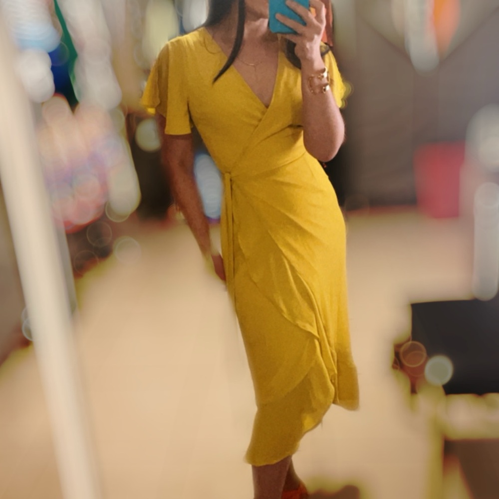 FAVLUX Yellow Flutter Sleeve Wrap Dress